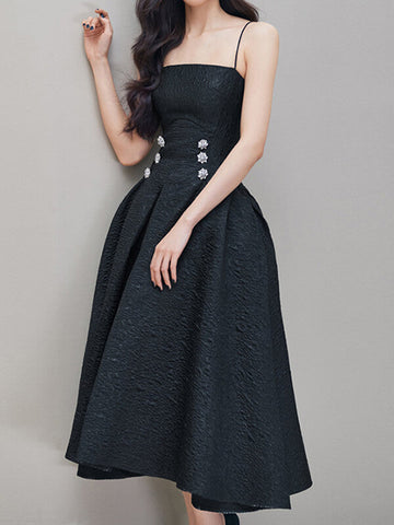 Woochic mi-longue robe jacquard avec strass à fines brides élégant soirée noir Noir XS